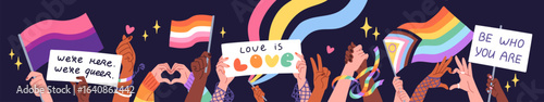 Pride month parade with rainbow flags. Crowd of people holding placards at demonstration, protest. Lesbians and gays with banners in hands at meeting of solidarity. Flat isolated vector illustration