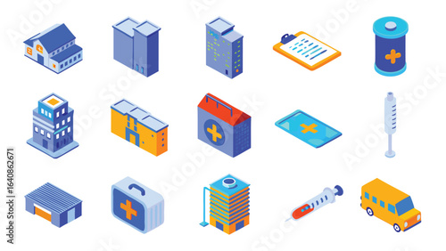 Isometric medical and city elements featuring buildings first aid and medical supplies in bright colors