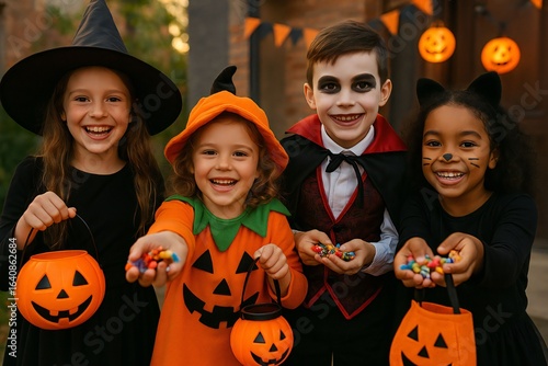 Smiling Kids in Witch, Pumpkin, Vampire, and Cat Costumes