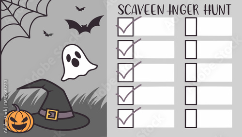 Spooky halloween scavenger hunt checklist with ghost bats pumpkin and witch hat for festive party games and activities