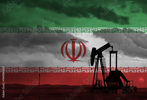 Drilling for oil in the countryside with Iran national flag overlay