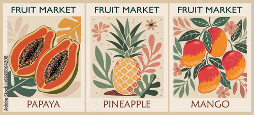 Set of Abstract Fruit Market retro posters. Trendy contemporary wall arts with Pineapple, Papaya, Mango fruits. Modern naive groovy interior decorations, vector art paintings.