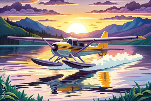 Seaplane landing during golden sunset over calm ocean, travel imagery, aviation tourism, coastal adventures, and serene seaplane operations in scenic tropical destination
