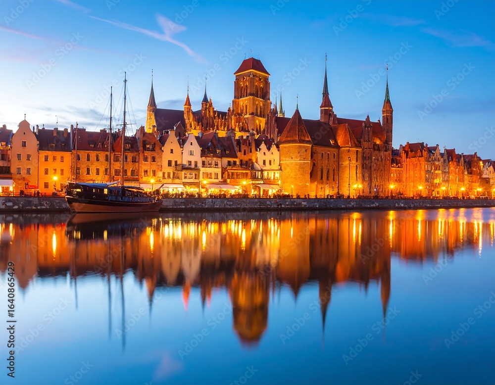 Fototapeta premium City skyline at twilight reflected in calm water