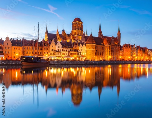 City skyline at twilight reflected in calm water