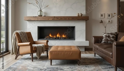 Modern farmhouse simple living room with minimal decor gas fireplace with a raw edge wooden mantel brown leather armchair and sofa