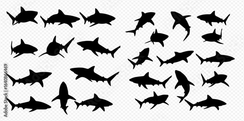 A collection of various black shark silhouettes, depicted in dynamic swimming poses and different angles.