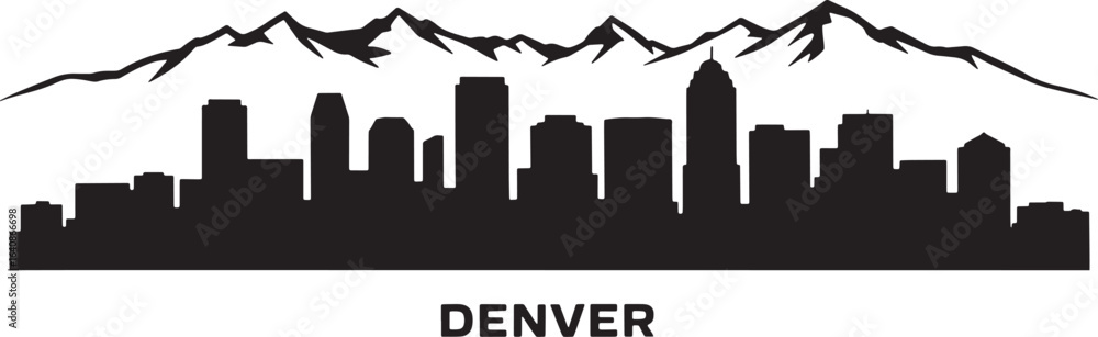 Obraz premium Denver Skyline Silhouette Vector Illustration with Mountain Backdrop on Transparent BG