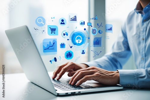 Analyzing data online business strategy and digital marketing with laptop concept