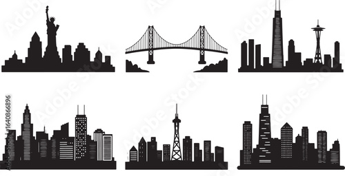 Detailed Cityscape Silhouettes Featuring New York, San Francisco, Chicago, and Seattle