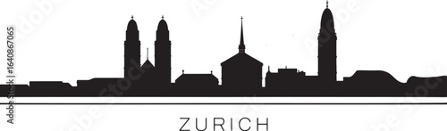 Detailed Zurich Skyline Silhouette Vector Illustration Depicting Swiss Cityscape Landmarks