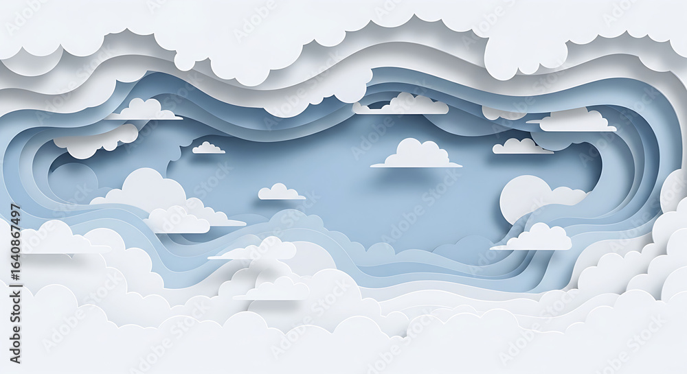 Fototapeta premium Cloud illustration in layered paper cut style, soft shadows, white and light blue layers, 3D cutout effect, aesthetic and clean
