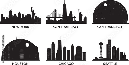 Iconic City Skyline Silhouettes Featuring New York, San Francisco, Houston, Chicago, and Seattle