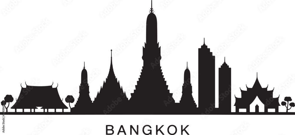 Fototapeta premium Bangkok Skyline Silhouette Vector Illustration with Transparent Background for Design Projects