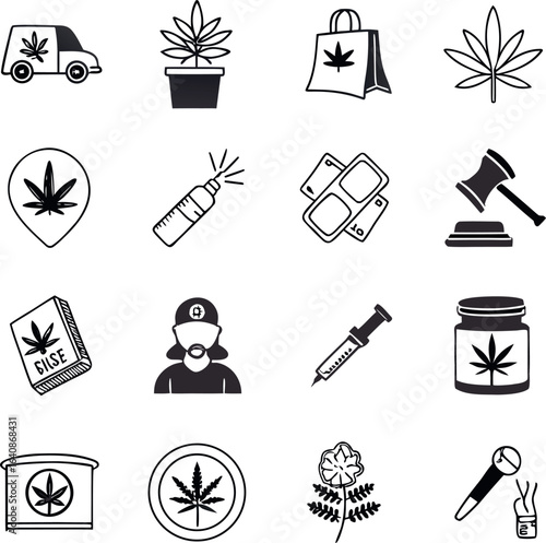 Vector art of collection of cannabis and marijuana icons isolated on white background