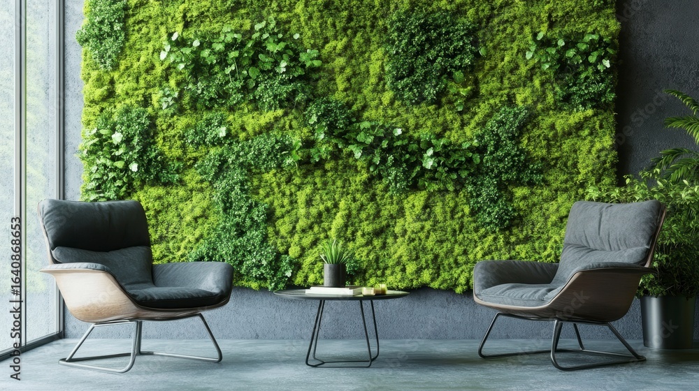 Modern living room interior with a large vertical garden wall, two armchairs, and a coffee table. Modern living room interior with a large vertical garden wall, two armchairs, and a coffee table.