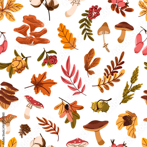 Repeatable pattern of autumn forest nature. Endless background of dry fallen leaves, mushrooms, pine cones, faded foliage, tree branches and twigs with fall leafage. Flat seamless vector illustration
