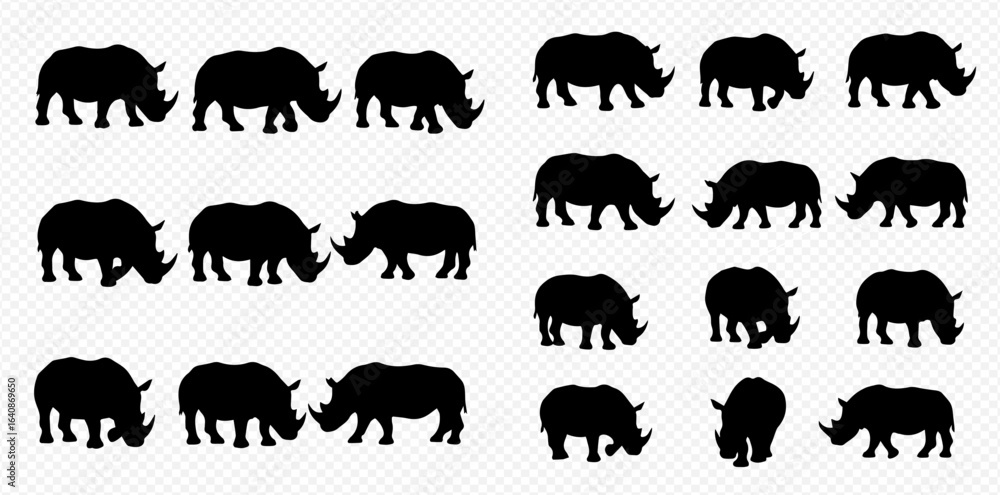 Fototapeta premium A graphic set of multiple black rhinoceros silhouettes in various standing and walking poses, arranged in rows on a transparent background.