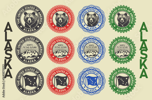 Vector set of fictional seals of state of Alaska. United States of America. Icons, stickers or badges. Bear head. Mountains, rocks and sun rays. Flag with Ursa Major constellation and North Star