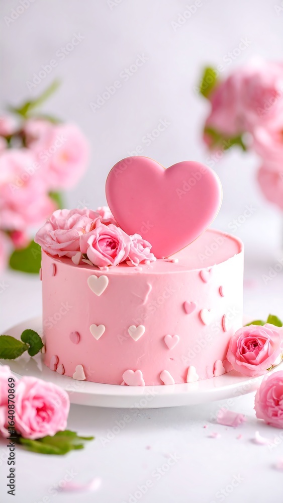 Pink heart-shaped cake adorned with roses and small hearts Pink heart-shaped cake adorned with roses and small hearts