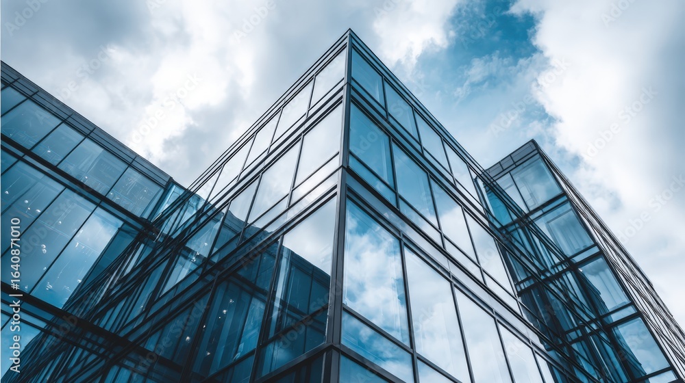Obraz premium Modern Office Building with Glass Facade Reflecting Sky, Representing Corporate Architecture and Urban Development