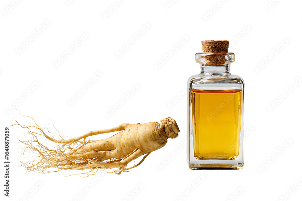 Fototapeta premium Ginseng root next to bottle of essential oil on white background for wellness and health benefit concepts