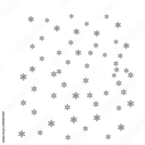 Abstract pattern of delicate white snowflakes falling against a dark black background