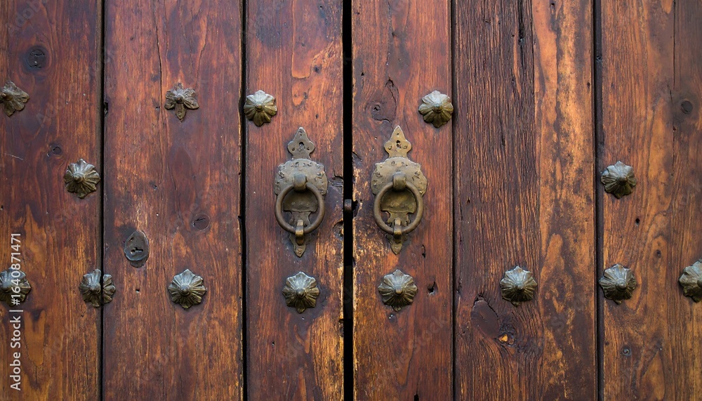 Fototapeta premium Ornate wooden door with decorative metal hardware.