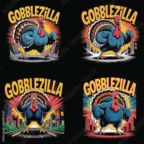 Giant turkey monster attacking city comic book style