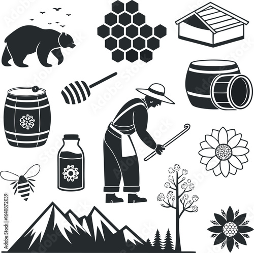Vector art of collection of beekeeping and nature elements isolated on white background