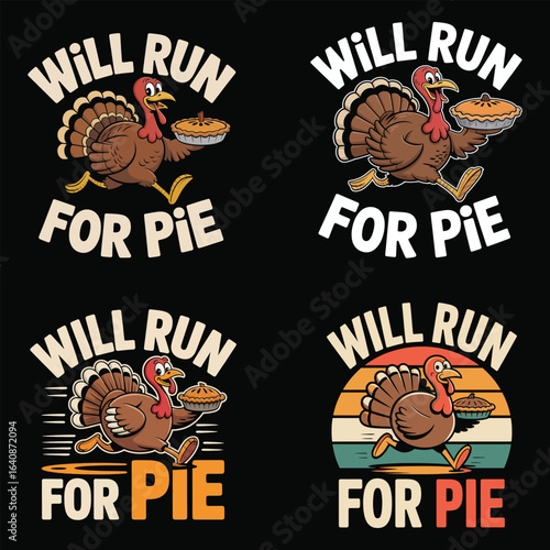 Running turkey holding pie holiday celebration vector