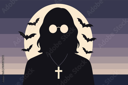 Dark enigmatic silhouette bats and full moon