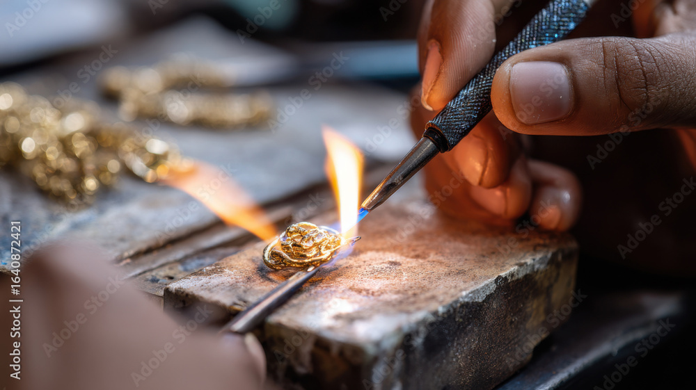 Fototapeta premium Jewelry maker soldering tiny gold detail