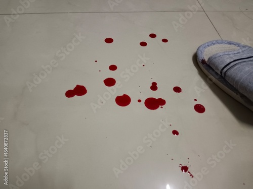 blood drop on the wall , Top view of blood red Spread on white ground.