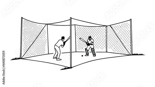 Two cricket players practicing batting and bowling inside a netted cricket practice facility outdoors