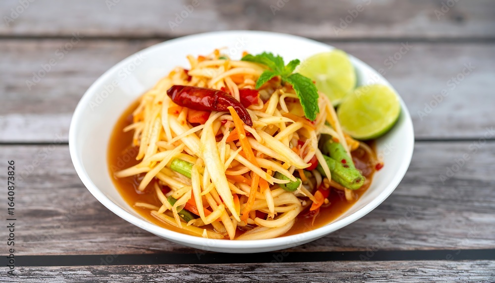Spicy green papaya salad served on a white plate with lime wedges and fresh herbs Spicy green papaya salad served on a white plate with lime wedges and fresh herbs