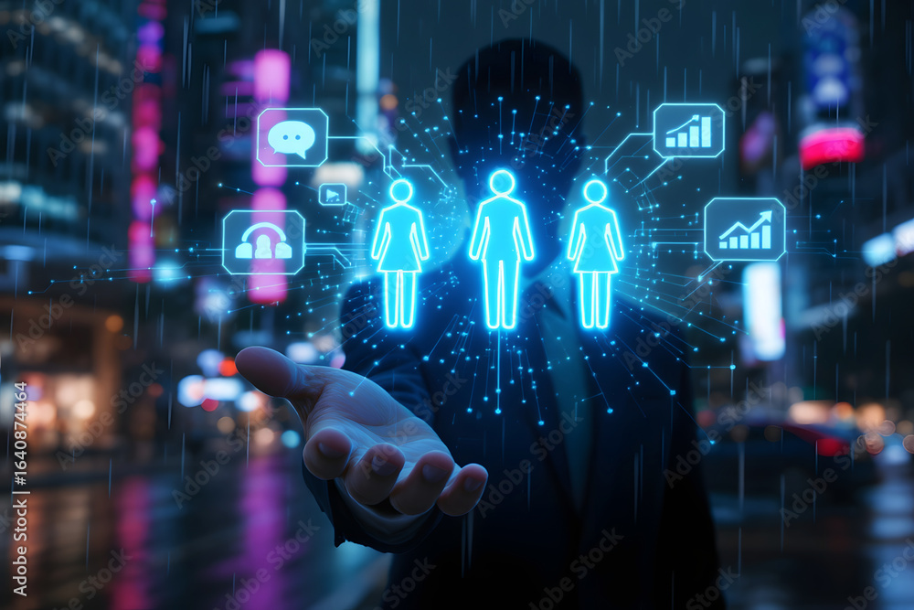 Fototapeta premium Person holding glowing digital network with people icons and data