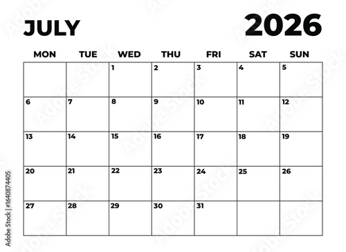 Monthly Planner July 2026, Minimalist Black and White Calendar, Monday Start Printable Calendar, Plain calendar, Dated Monthly Planner, Simple Monthly Organizer, Landscape Monthly Planner