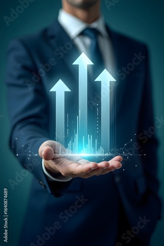 Hyper-realistic image of a businessman with growth symbols and digital elements