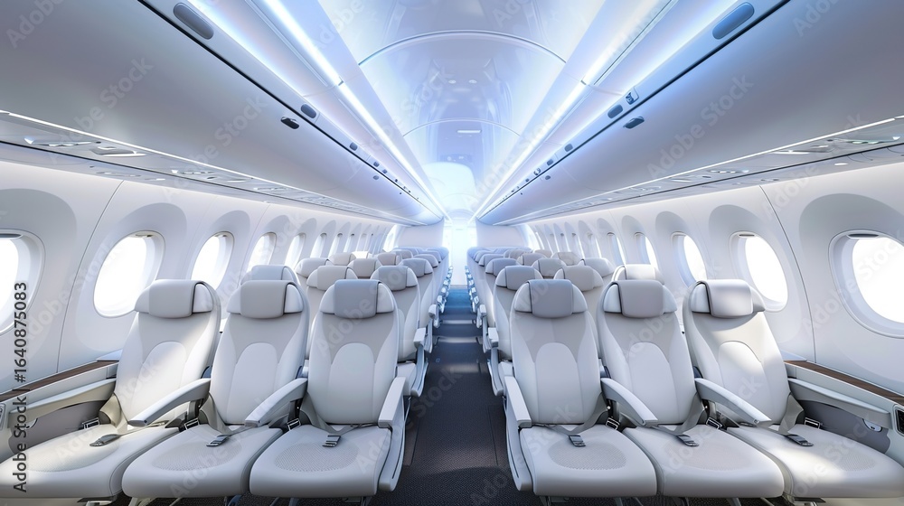 Fototapeta premium Modern Aircraft Cabins: Spacious Interiors with Ergonomic Seats, Ambient Lighting, and In-Flight Entertainment Systems, Featuring Economy, Business, and First-Class Layouts, Ideal for Aviation Photogr