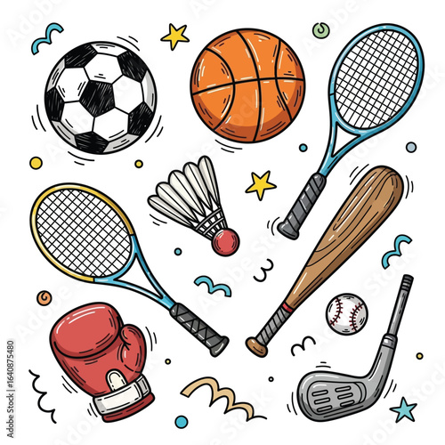 Colorful HandDrawn Sports Equipment Collection Doodle Illustration.