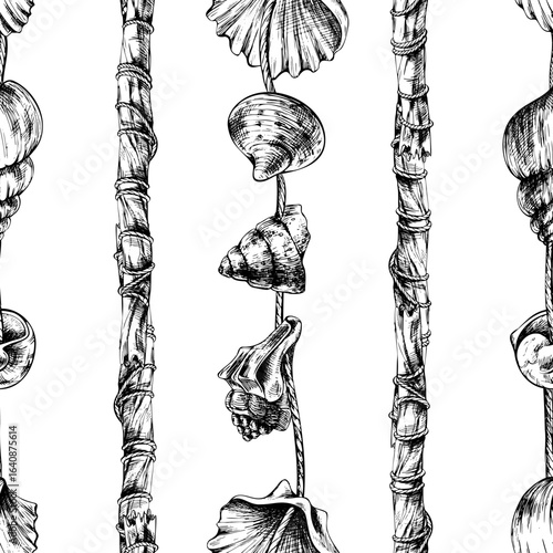 Long vertical garlands with seashells and beads in monochrome ink style, hand drawn line art illustration, seamless pattern for nautical fabric, wallpaper, and coastal decorative projects.