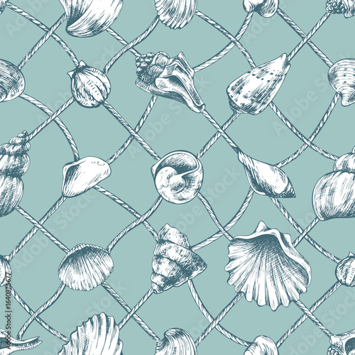 Marine themed seamless pattern with shells over fishing net grid in turquoise tones, hand drawn line art illustration in black ink, ideal for beach style wallpapers, fabrics and wrapping paper.
