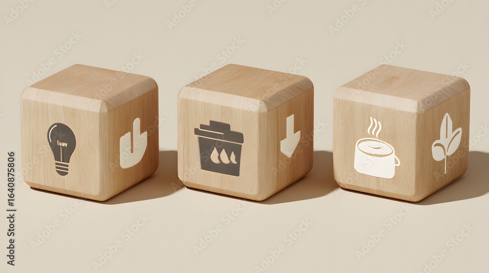 Fototapeta premium Wooden blocks with various environmental icons.