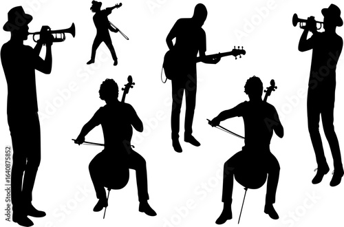 set of silhouettes of people doing music activity

