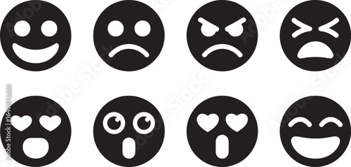 Collection of Round Emoji Icons Displaying a Range of Emotions on Transparent Backdrop