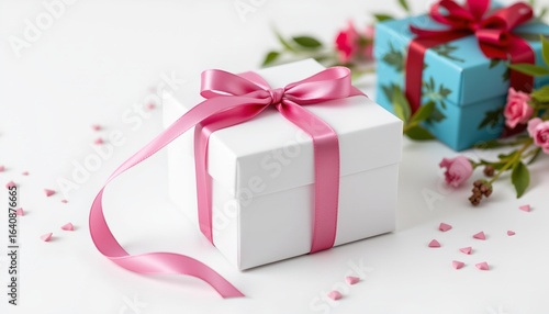 isolated gift box mockup with silk ribbon, white background