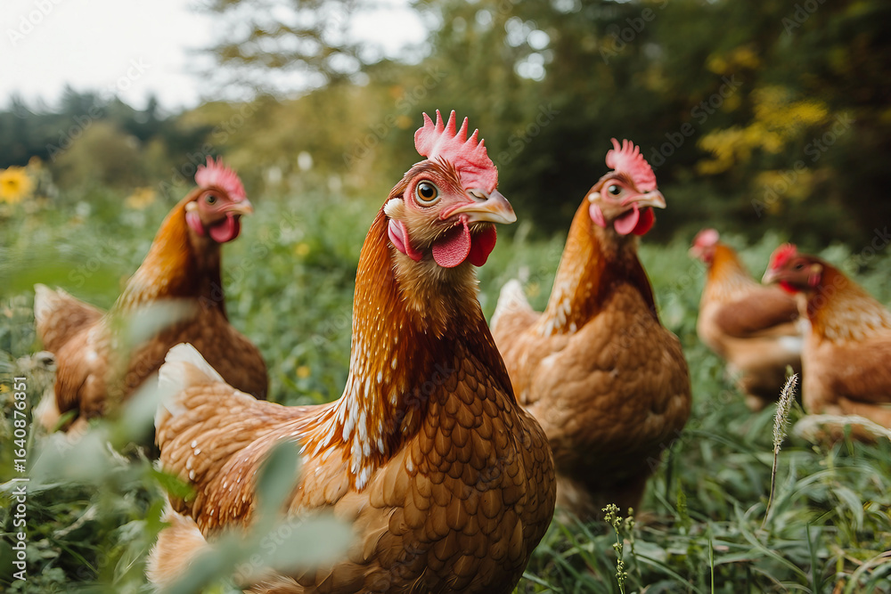 Fototapeta premium Captivating Two Vibrant Hens in a Rustic Barn, Showcasing Detailed Plumage and Countryside Charm, Generative AI