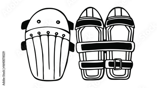 cricket batting pads and wicket keeping pads in black and white outline style
