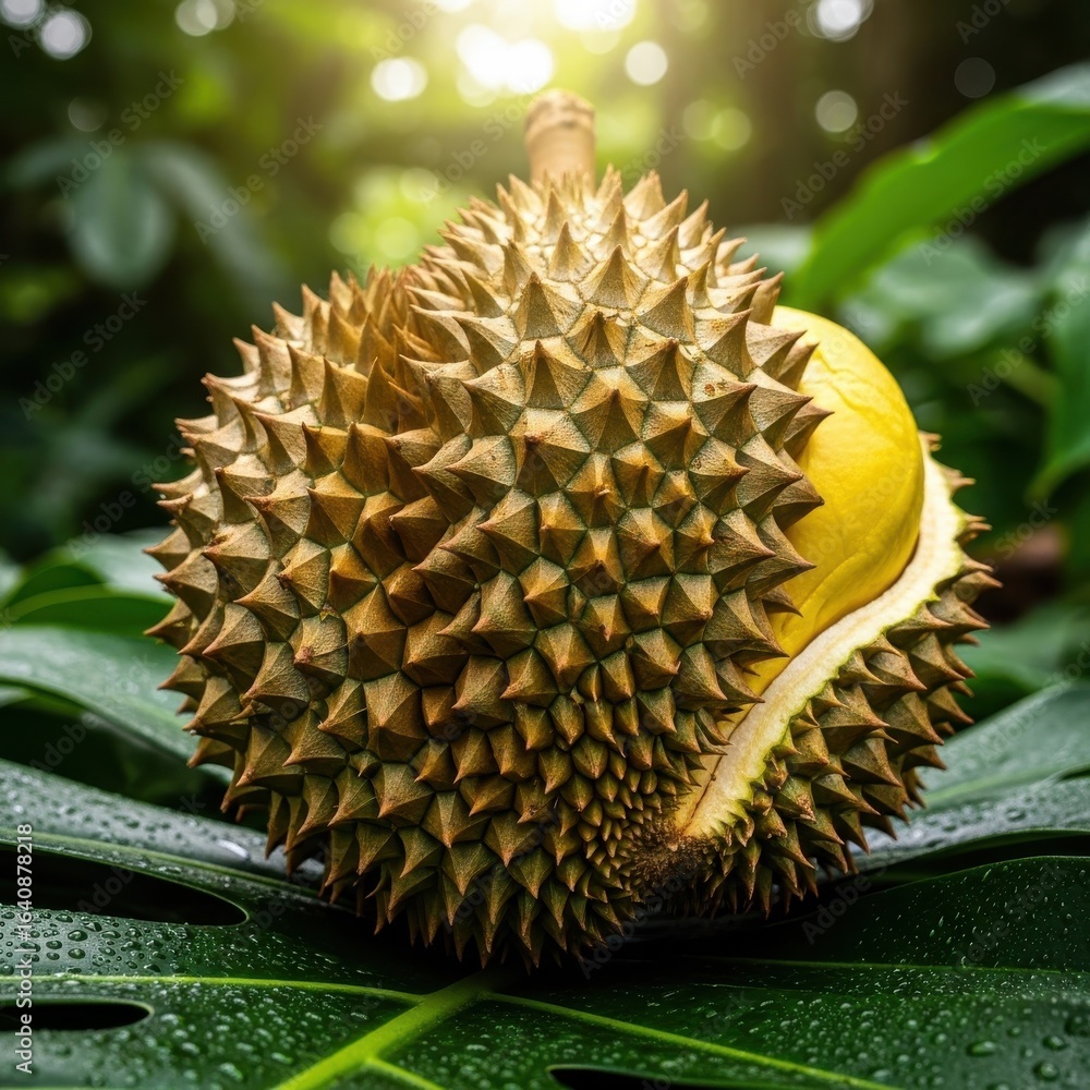Fototapeta premium Close-up of durian fruit on a monstera leaf with water droplets under bright light